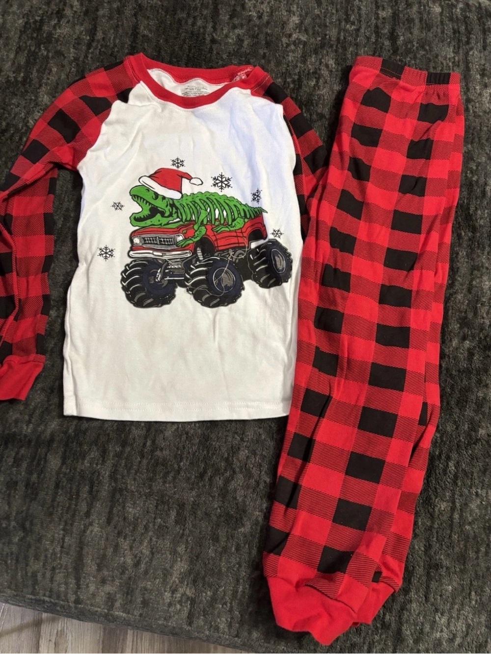 Source Unknown Red & White Buffalo Plaid Monster Truck Pajama Set